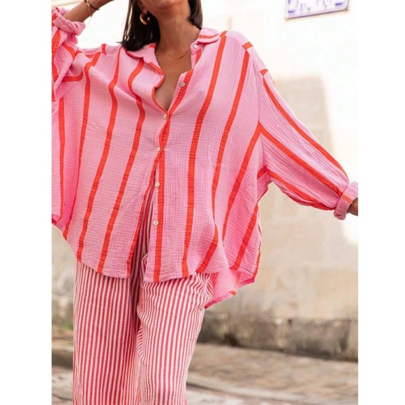 Pink Striped Oversized Button Down Shirt Long Sleeve - Picture 6 of 14